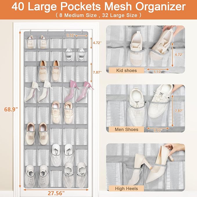 FENTEC 40 Large Pockets Over The Door Shoe Organizer, Mesh Hanging Shoe - Image 6