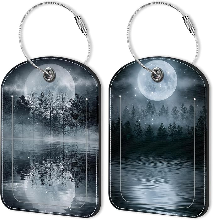 2 PCS Leather Luggage Tag for Suitcase Forest Moonlight Reflection in Water by Unknown