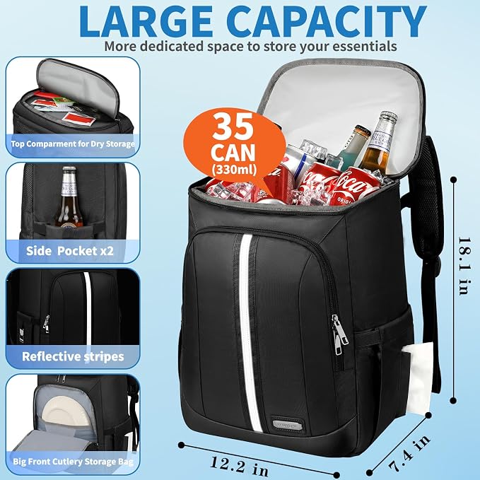 Backpack Cooler Insulated Leak Proof 35 Cans, 2 Insulated Compartments Thermal - Image 2