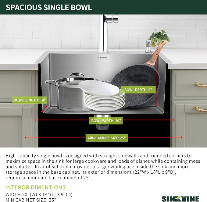 22 Inch Drop-In Kitchen Sink, SINKVINE 22" x 18" Stainless Steel Indoor and - Image 4