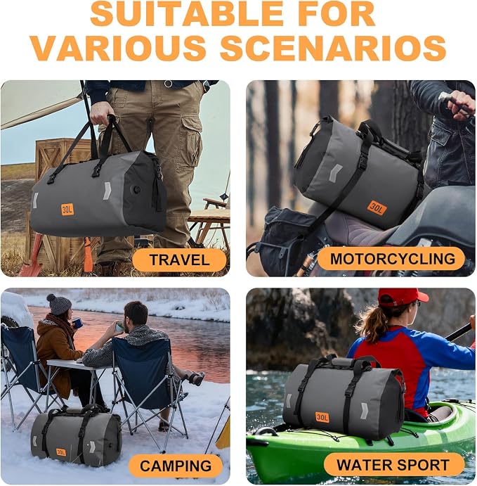 Waterproof Dry Bag, 30L Roll-top Motorcycle Tail Bag - Image 7
