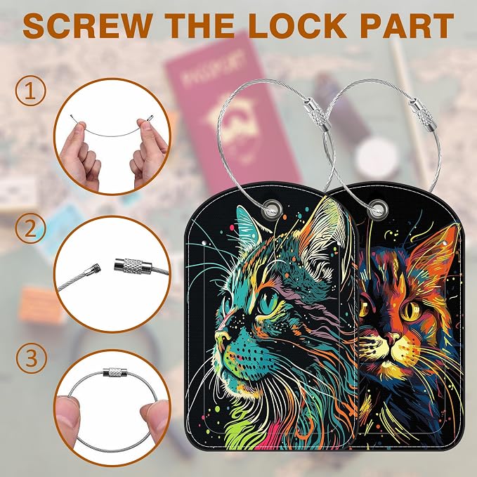 2 Pack Luggage Tag for Suitcase Colorful Cat Leather Suitcase Tags - Image 4