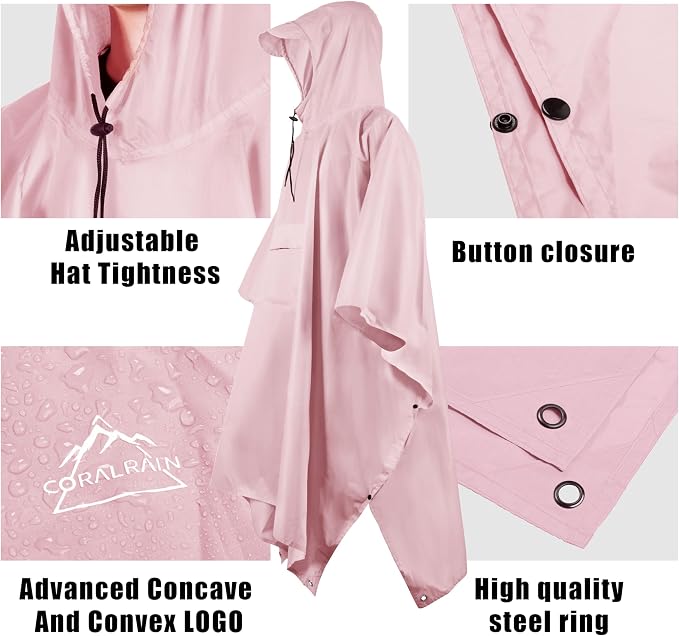 Coralrain Hooded Rain Poncho Lightweight Waterproof Unisex Raincoat Jacket - Image 3