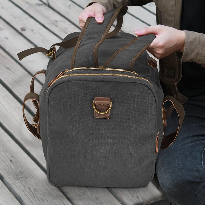 Vintage Canvas Duffle Bag, 50L Genuine Leather Travel Duffel Backpack - Image 7