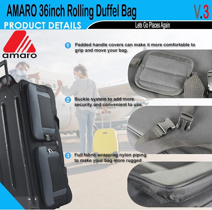 36" Rolling Duffle Bag with Wheels and Handle - Image 3