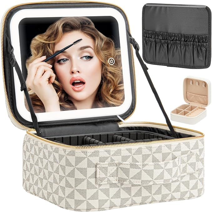 Makeup Travel Train Case with Mirror LED Light 3 Adjustable Brightness Large by Extrei+Gent