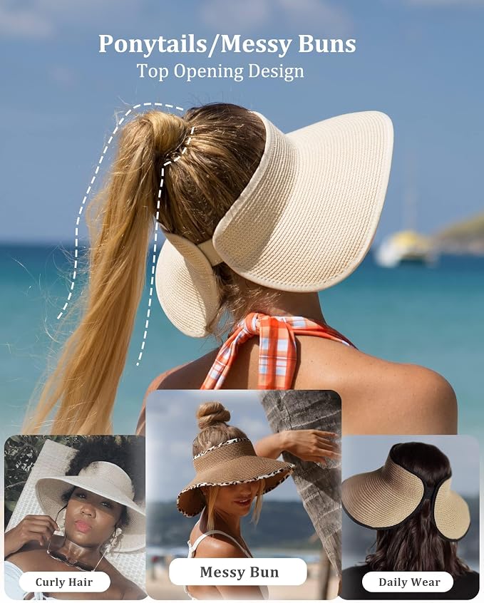 FURTALK Sun Hats for Women Wide Brim Beach Hat Straw Visor Ponytail Summer UV - Image 5