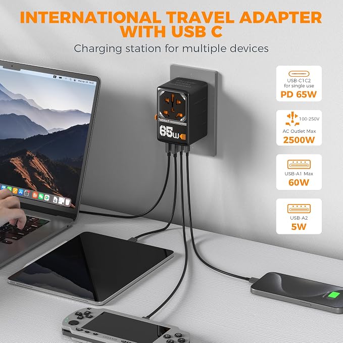 TESSAN Universal Travel Adapter, GaN 65W International Plug Adaptor - Image 6