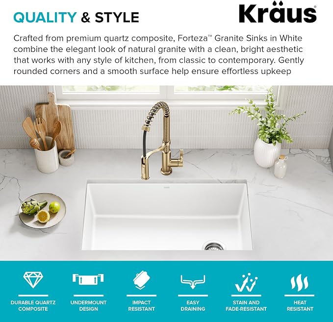 KRAUS Forteza 32-inch Granite Undermount Single Bowl White Kitchen Sink - Image 3