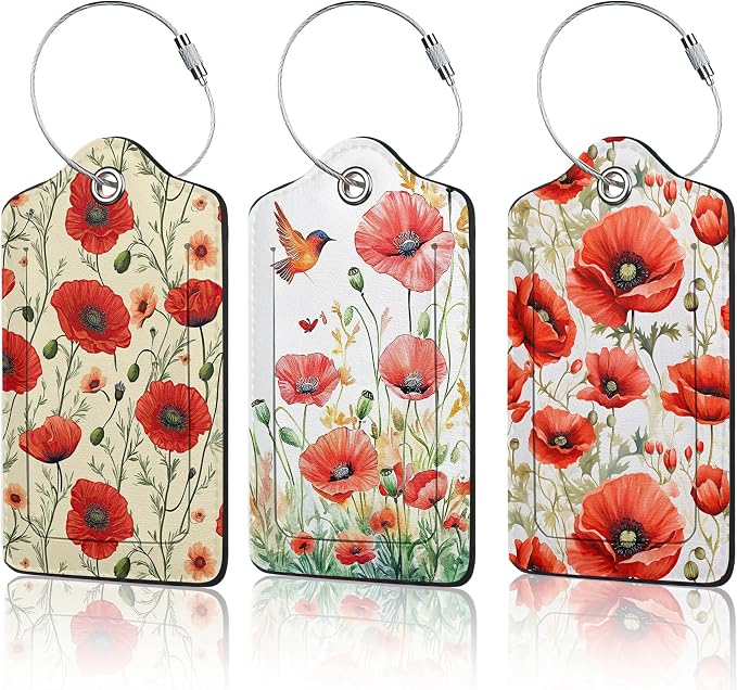 3 PCS Red Poppy Flower Luggage Tags, Suitcase Tags Privacy Cover ID Label by Unknown
