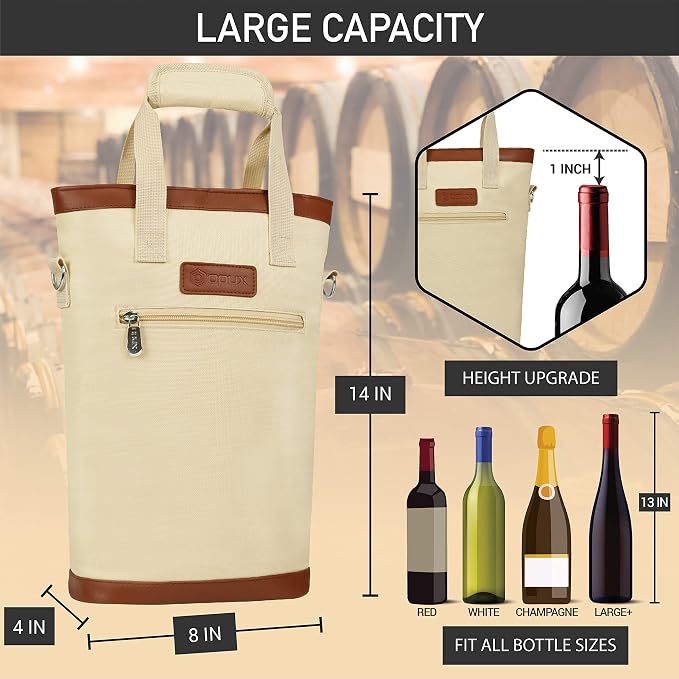 opux Two Bottle Wine Bag Carrier Tote, Insulated Leakproof 2 Bottle Wine Cooler - Image 4