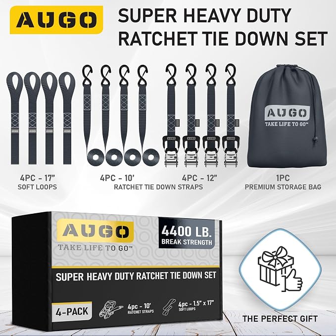 AUGO Heavy Duty Ratchet Straps & Soft Loops – Pack of 4 Extra Strong 1.5” by - Image 4