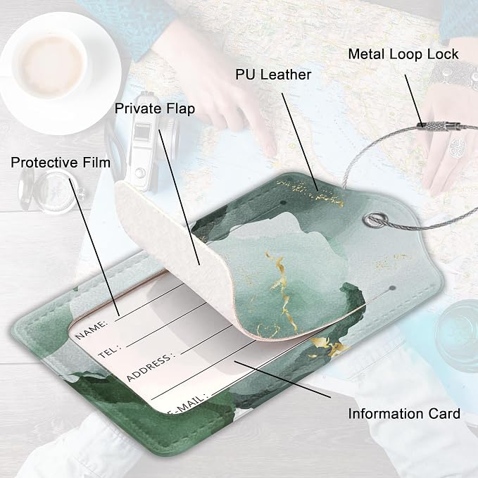 2Pcs Luggage Tag for Suitcase Green Ink Abstract Marble Cute Suitcase Tag - Image 3