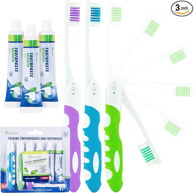 Portable Toothbrush Kit with Toothpaste, Built-in Cover, Folding Collapsible by LINGITO
