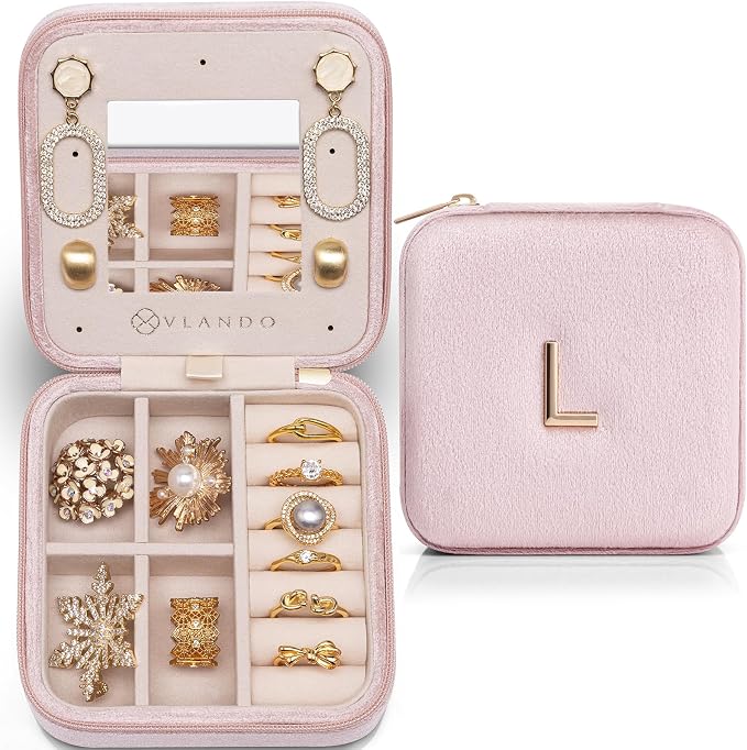 Vlando Travel Jewelry Case for Women Girls, L Initial Travel Jewelry Case by VLANDO