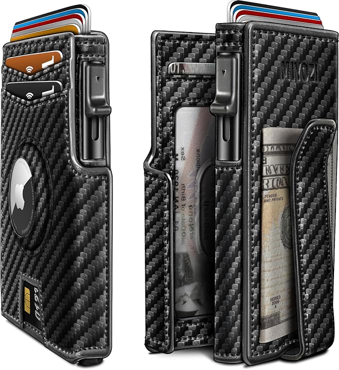 Airtag Wallet for Men, with Money Clip 10 Cards Metal Case Smart Slim Pop Up by Miyozi