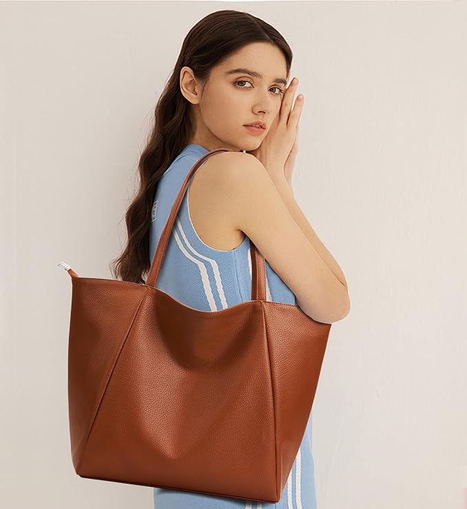KALIDI Large Tote Bag Vegan Leather Casual Zipper Work Bag Weekender Hobo - Image 2