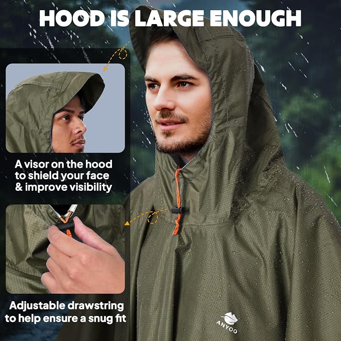 ANYOO Hooded Rain Poncho for Adults Waterproof Lightweight Rain Coat for Men - Image 4