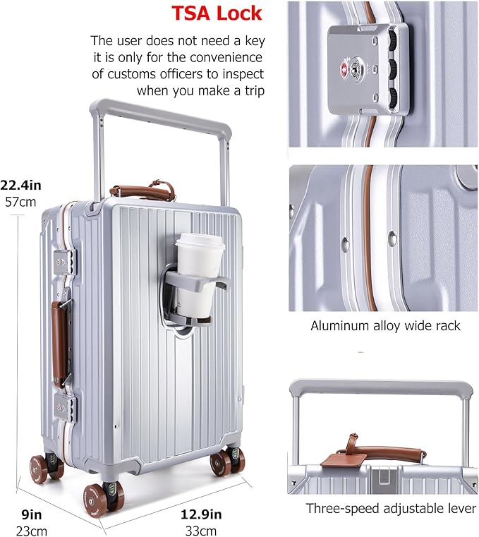 feilario 20" Aluminum Frame Wide Handle Hard Shell Carry On Suitcase - Image 4