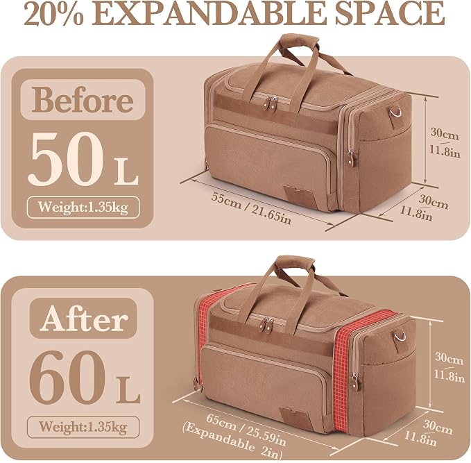 SHOWKOO Duffle Bag for Travel 60L Expandable Canvas Travel Bag Durable Vintage - Image 2