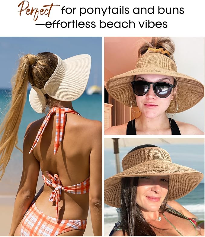 Womens Sun Visor Hats Wide Brim Straw Beach Hat UV Protection Ponytail Packable - Image 3