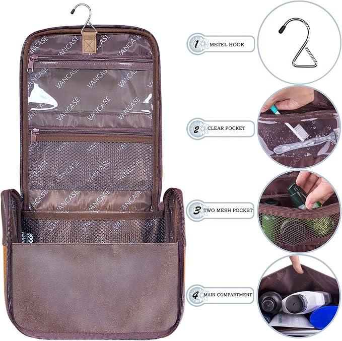 Hanging Toiletry Bag for Men VANCASE Vintage Leather Shaving Dopp Kit Medium - Image 4
