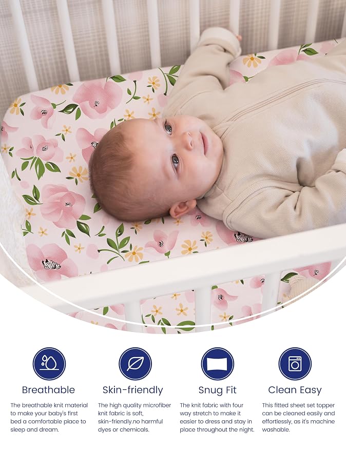 Graco Pack and Play Sheets Fitted, TotAha Buttery Soft Mini Crib Sheets Girl - Image 3