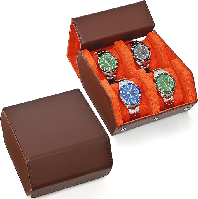 Watch Roll Travel Case for 4 Watchs Storage and Organizer, Leather Watch Box by Flyroom