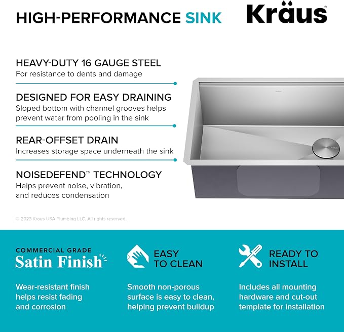 KRAUS Kore 28-Inch Undermount Workstation 16 Gauge Single Bowl Stainless Steel - Image 11