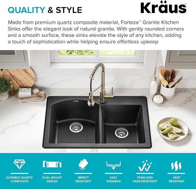 KRAUS Forteza 33-inch Drop In/Undermount 60/40 Double Bowl Granite Kitchen Sink - Image 2
