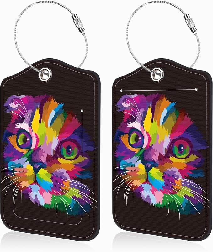 2 Pcs Cute Cat Luggage Tags for Suitcases PU Leather Colorful Art Kitten Animal by Unknown