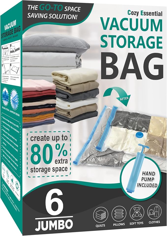 6 Jumbo Vacuum Storage Bags, Space Saver Bags Compression Storage Bags by CozyEssential