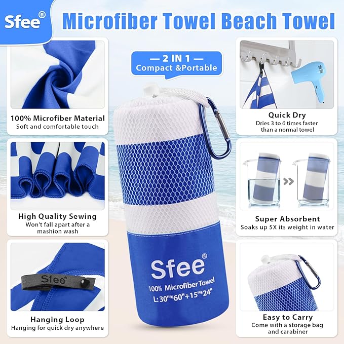 Sfee 4 Pack Microfiber Travel Towel, Beach Towel Quick Dry Towel Camping Towel - Image 3