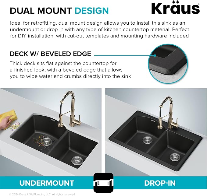 KRAUS Forteza 33-inch Drop In/Undermount 60/40 Double Bowl Granite Kitchen Sink - Image 6