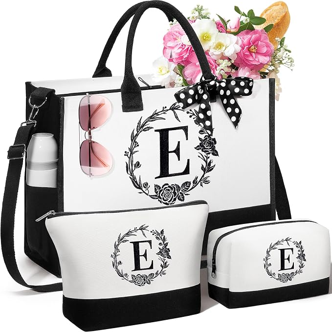 Personalized Christmas Gifts for Women, Initial Canvas Tote Bag & Makeup Bag by Unknown