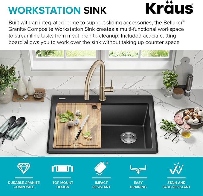 KRAUS Bellucci 28-inch Granite Workstation Drop In Top Mount Single Bowl - Image 6