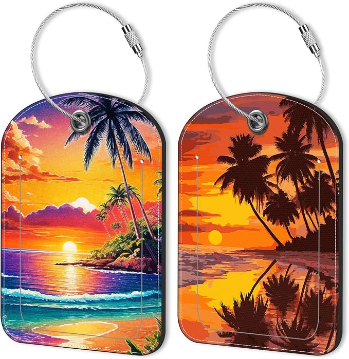 Sunset Beach and Palm Tree Leather Luggage Tag by Unknown