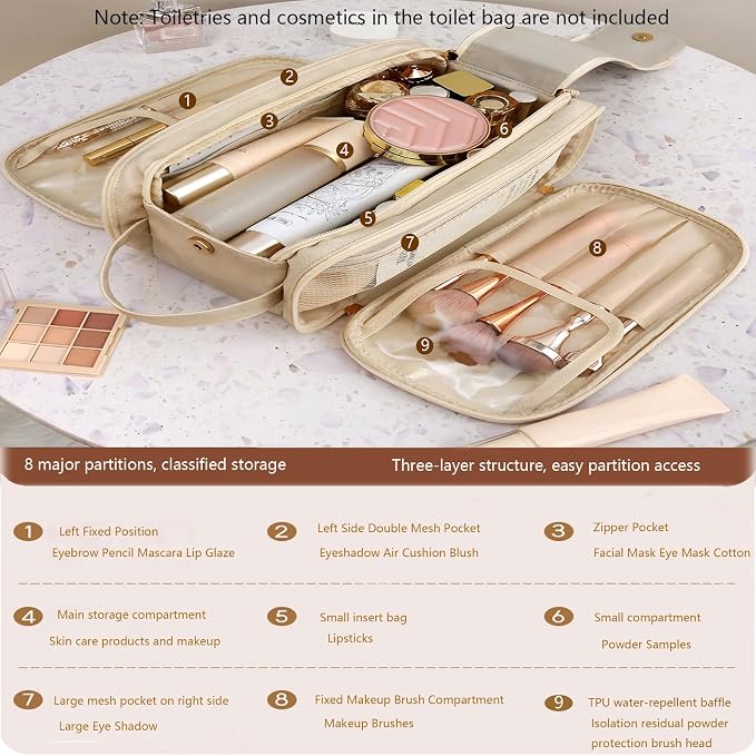 Travel Toiletry Bag for Women PU Triple-layer Double Zipper Toiletry Bags - Image 4