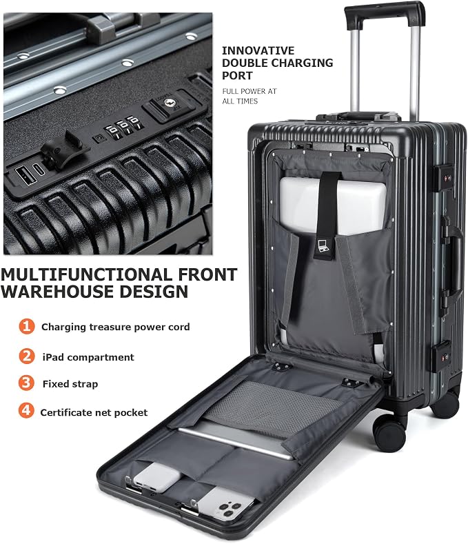 feilario 20in Aluminium Frame PC Hard Shell Spinner Wheels Luggage, Built-In - Image 4