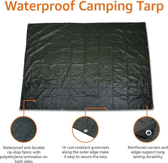 Amazon Basics Waterproof Camping Tarp, 9.5 Feet x 11.3 Feet, Dark Green - Image 2