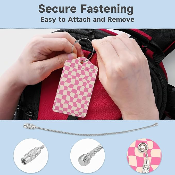 2 Pack Luggage Tag for Suitcase, Groovy Pink Checkerboard Leather Bag Tags - Image 3