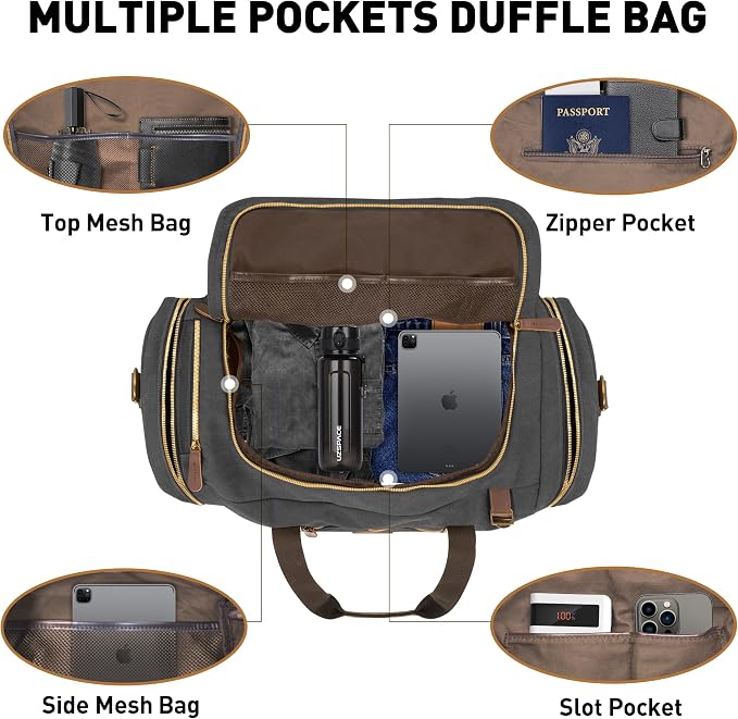 Vintage Canvas Duffle Bag, 50L Genuine Leather Travel Duffel Backpack - Image 4