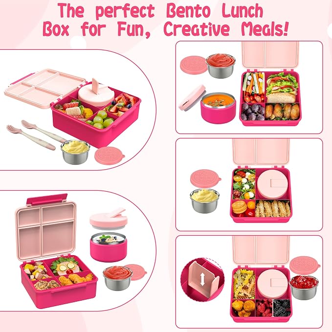 Kids Bento Lunch Box with 8oz Soup Thermo, Kids Leakproof Lunch Food Containers - Image 4