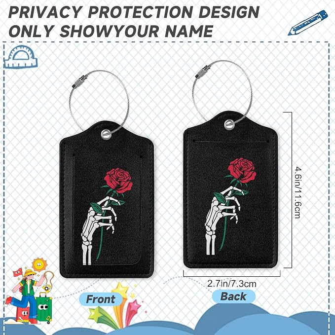 2 Pack Luggage Tag for Suitcase, Skeleton Hand Holding Rose Leather Bag Tags - Image 2