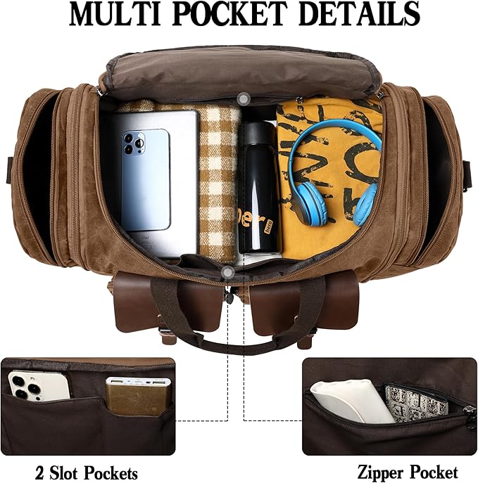 Waxed Canvas Duffle Bag for Men 50L Travel Duffel Bags Expandable Genuine - Image 5