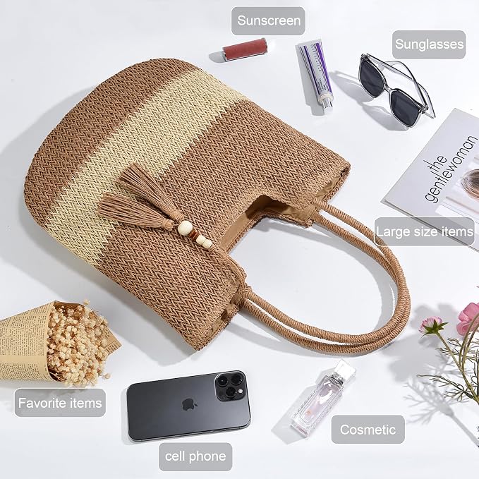 Straw Beach Bags for Women Woven Beach Tote Bag Casual Boho Large Shoulder - Image 5