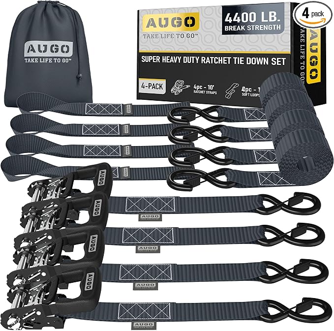 AUGO Heavy Duty Ratchet Straps & Soft Loops – Pack of 4 Extra Strong 1.5” by by AUGO