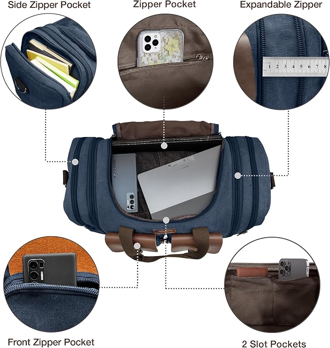 Wildroad 50L Travel Duffel Bag, Expandable Canvas Genuine Leather Duffle Bag - Image 3