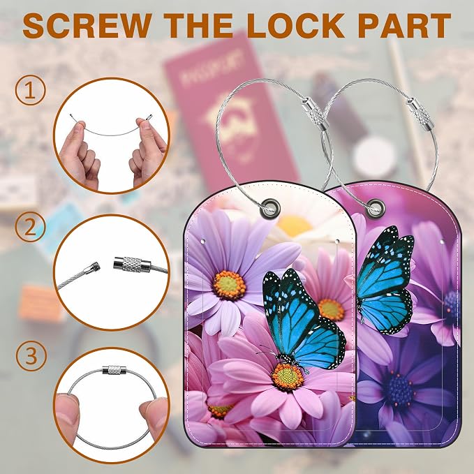 2 Pack Luggage Tag for Suitcase Purple Daisy and Butterfly Leather Suitcase Tags - Image 4