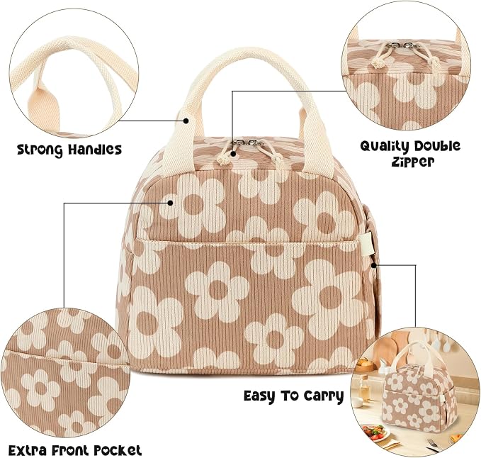 Bluboon Lunch Bag for Women Men Cute Corduroy Lunch Tote Bags Reusable - Image 4